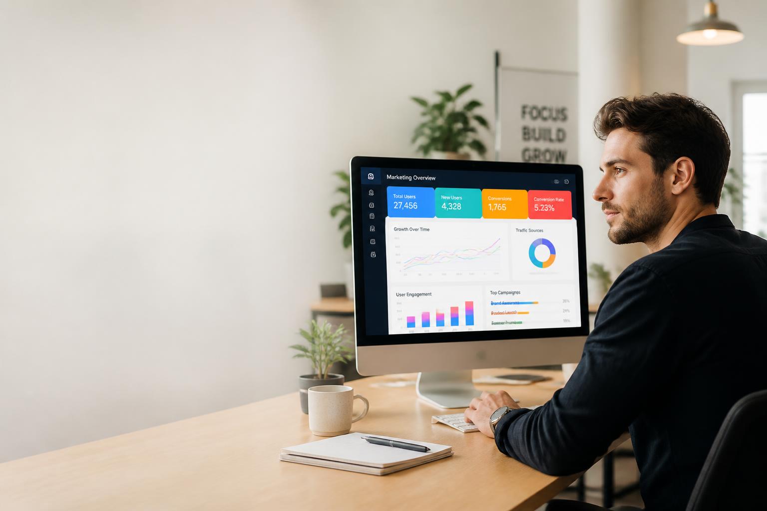 Büyüyen şirket kurucusu pazarlama performans dashboardunu inceliyor